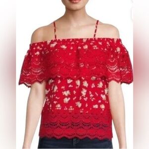 🌸. No Boundaries Red Floral Lace Off-Shoulder Blouse